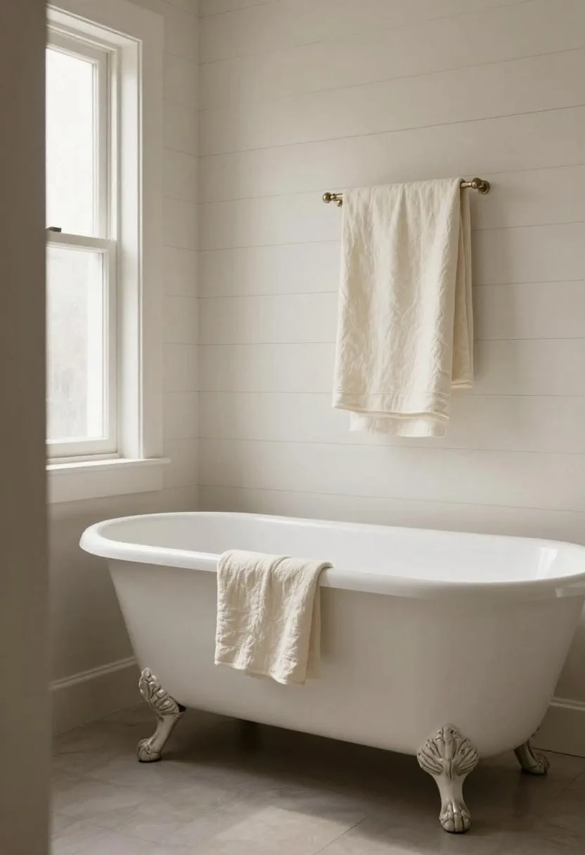 Interior design - white clawfoot tub shiplap wall cream linen towels