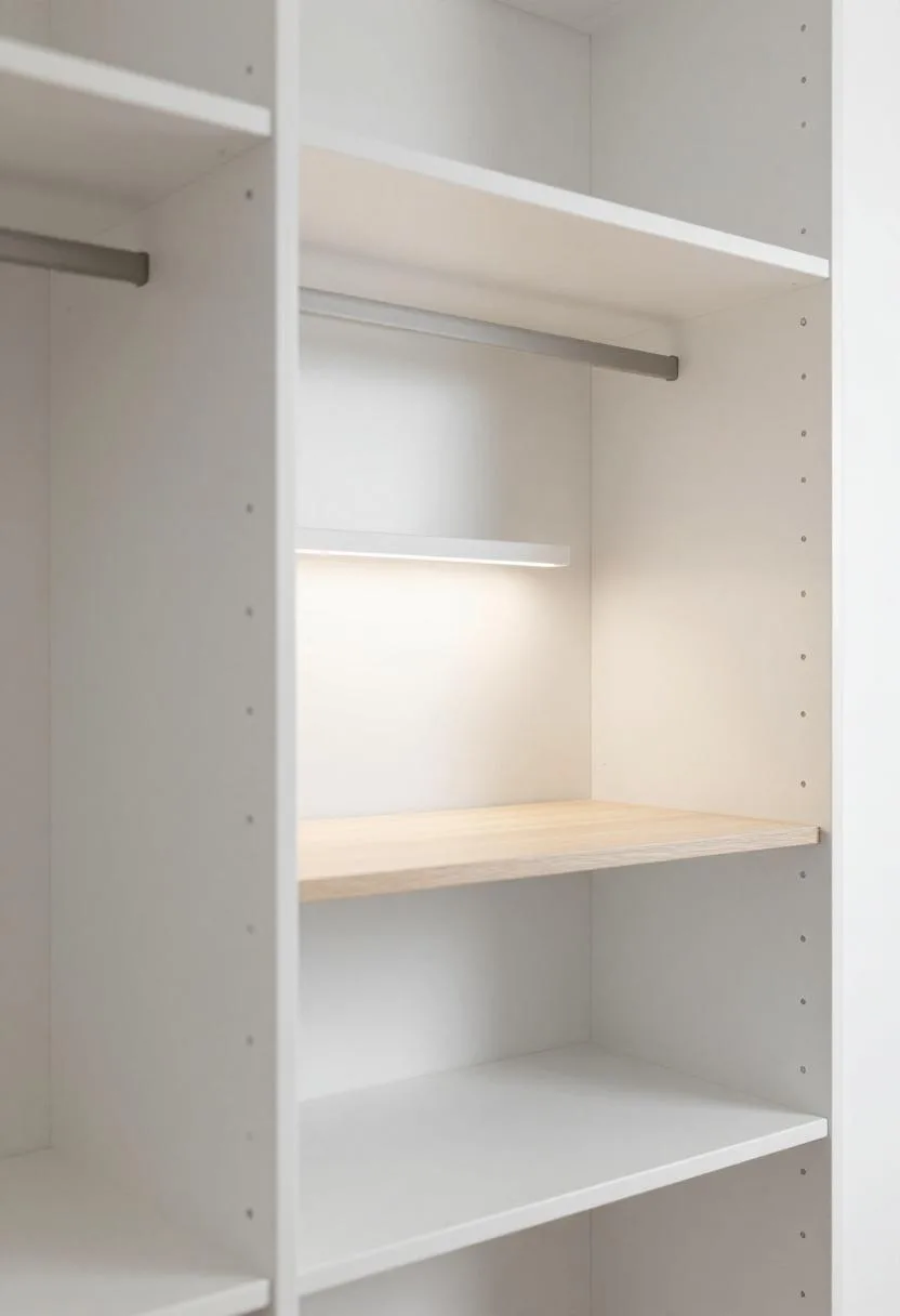 Interior design - white closet office birch desk led lighting