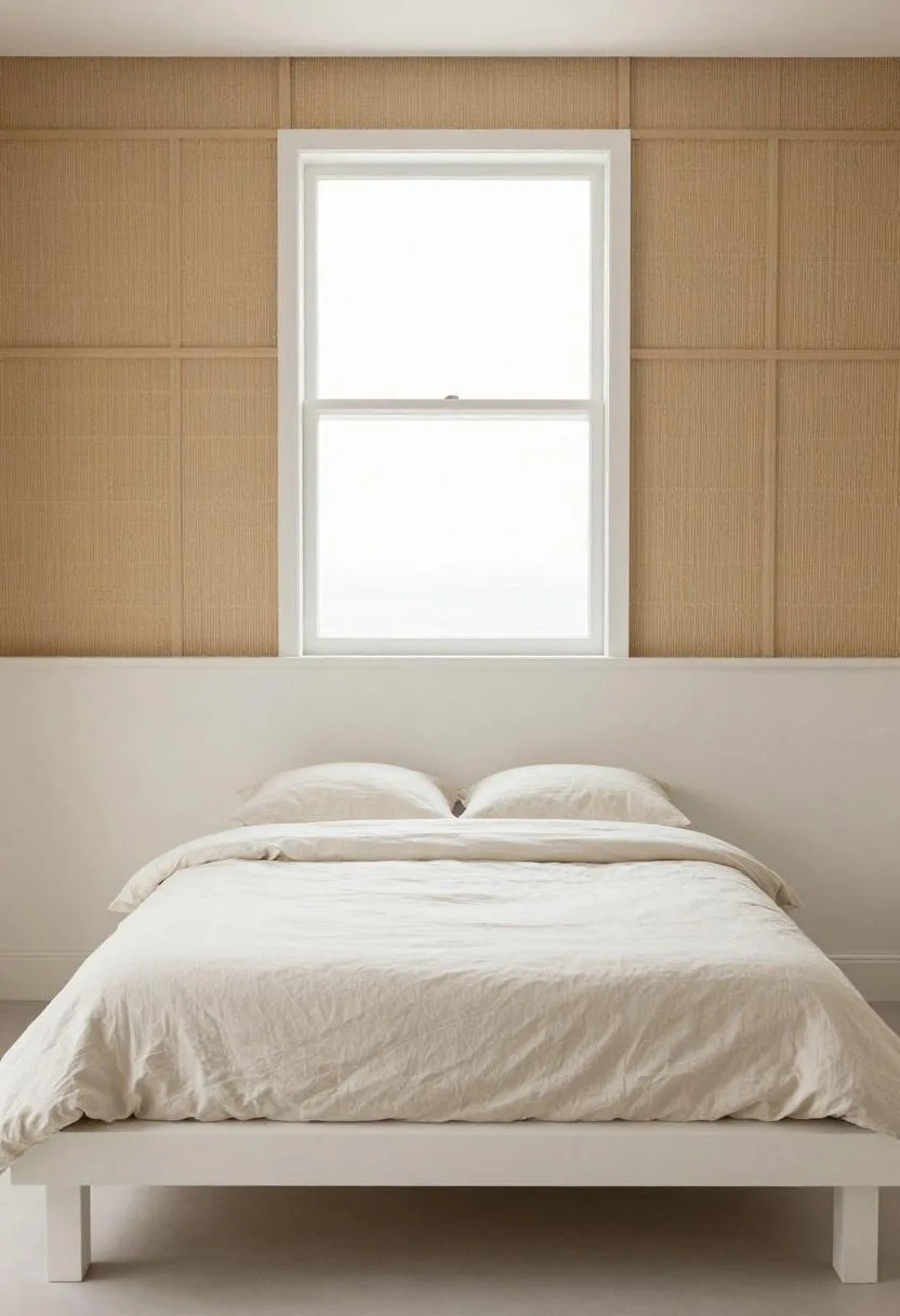 White coastal platform bed with ivory linen bedding against a textured rattan wall panel