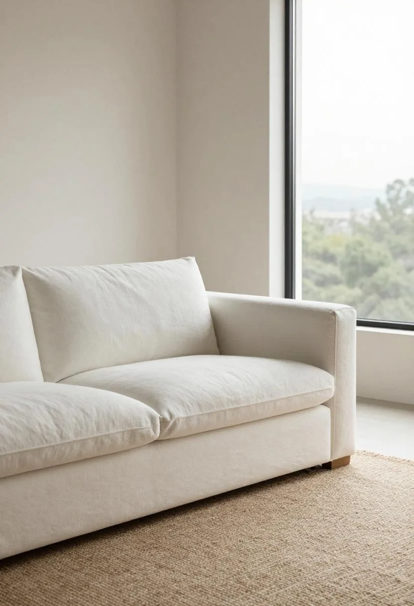 White cotton sofa with a single linen cushion on a jute rug in a minimalist setting