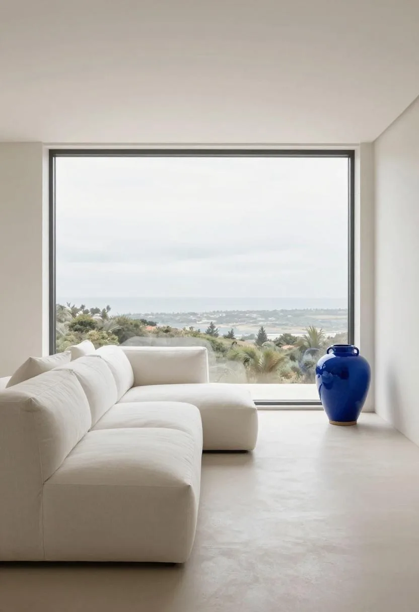 White cotton sofa with a large ocean blue ceramic vase as a statement piece in a minimal room flooded with soft overcast light
