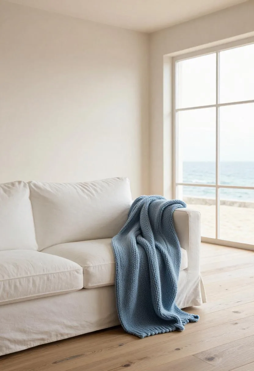 White cotton sofa with an ocean blue knit throw draped over bleached oak floors in morning backlight