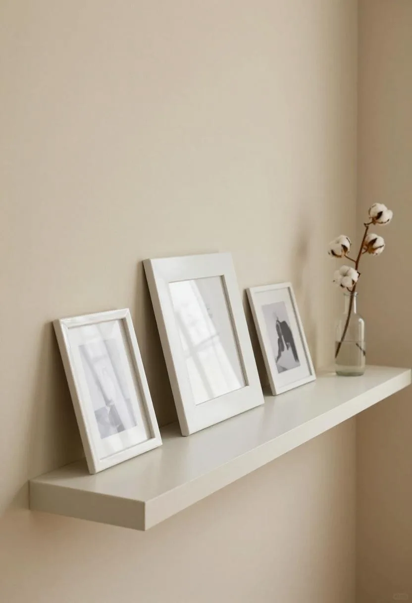 White gallery ledge with leaned prints and dried cotton stem detail