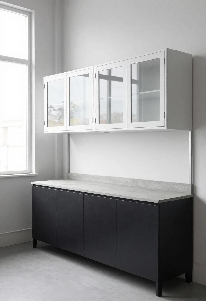 White glass-front upper cabinets and matte black lower cabinets giving an industrial kitchen sharp two-tone contrast