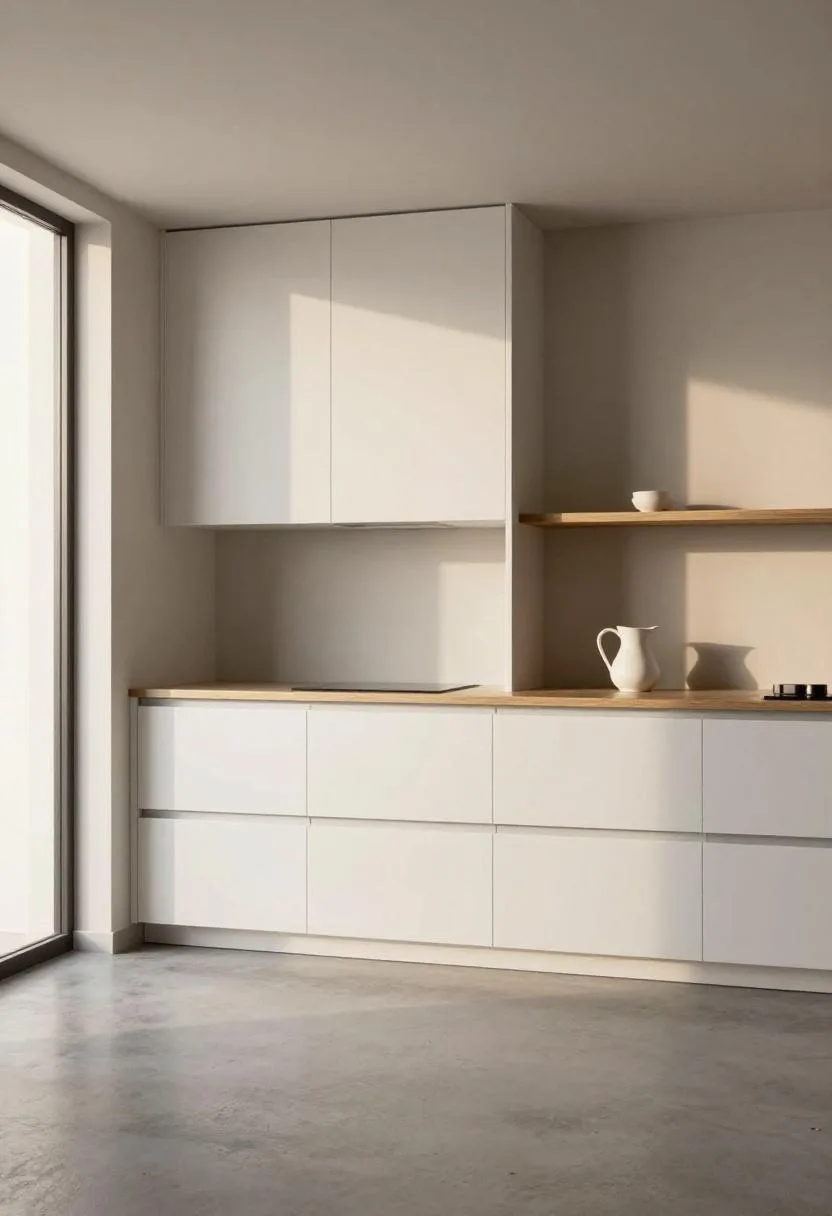 Crisp white handleless Scandinavian kitchen with floating oak shelf and ceramic pitcher catching golden afternoon light