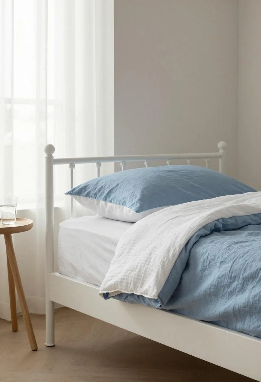 White iron bed dressed in powder blue linen beside a driftwood nightstand in gentle morning light