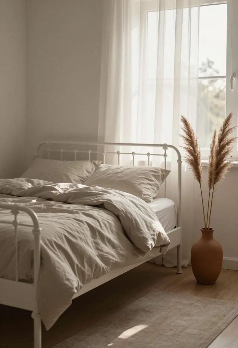 White iron bed frame dressed in a sage cotton duvet with dried pampas grass in a corner catching morning light