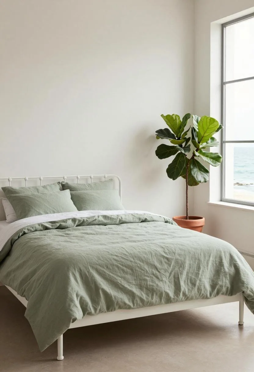 White iron bed frame with sage linen bedding in a light and airy coastal-style bedroom