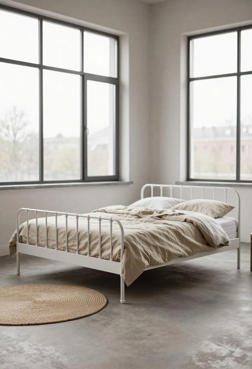 White iron bed frame with sandy linen bedding and natural jute rug in bright Scandinavian loft daylight