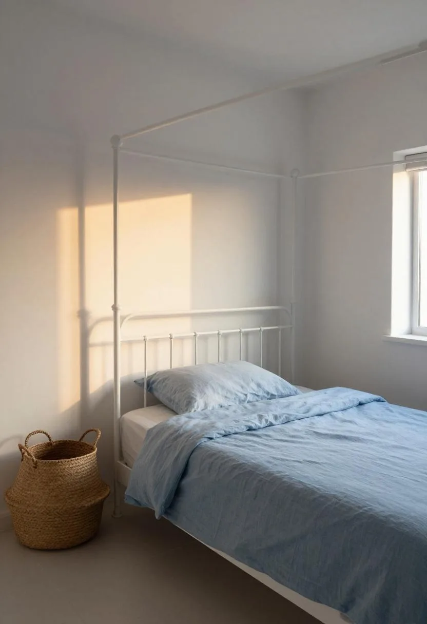 White iron canopy bed draped in coastal blue linen with a seagrass accent at golden hour