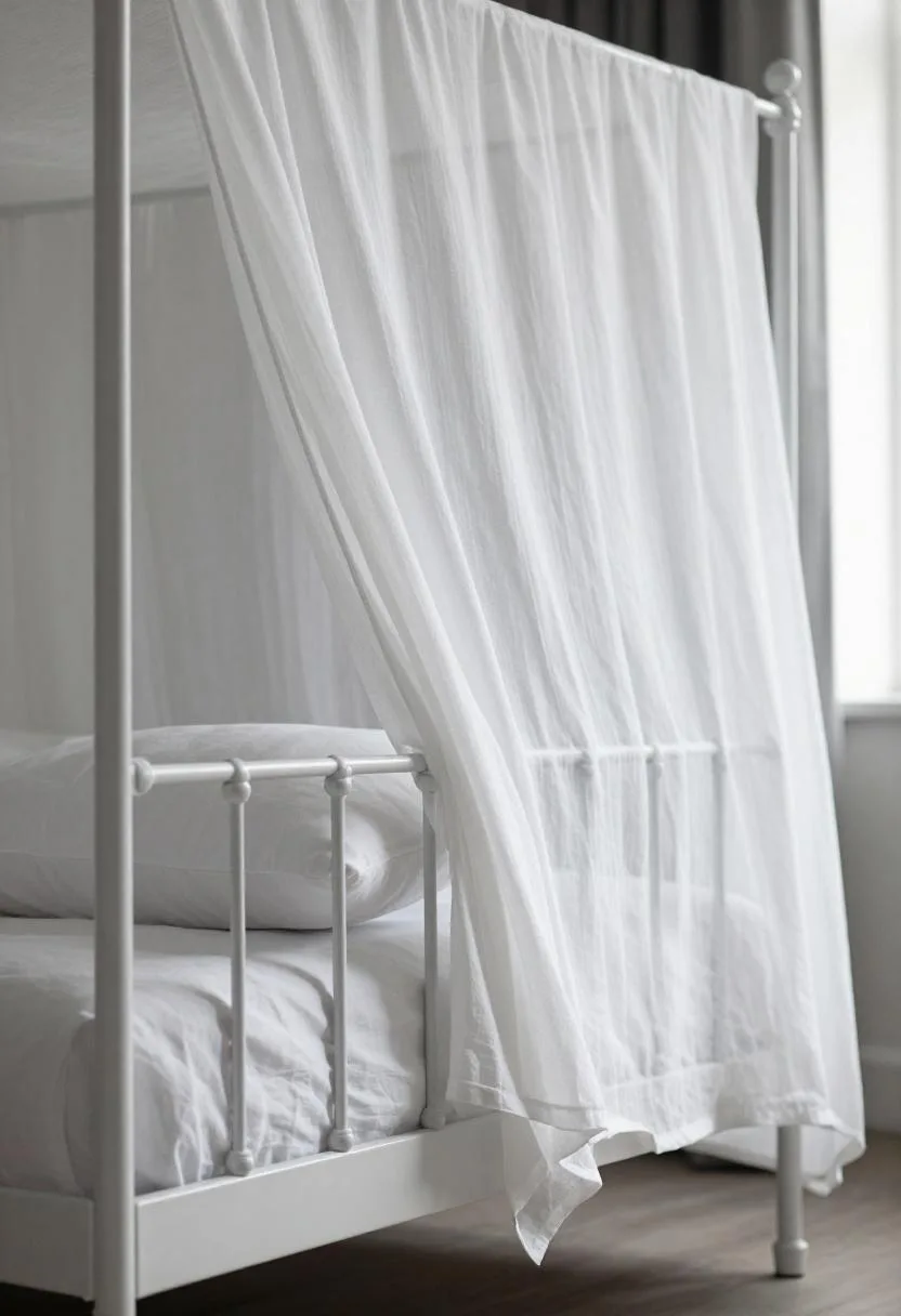 White iron canopy bed with billowing cotton gauze curtains in quiet afternoon coastal light