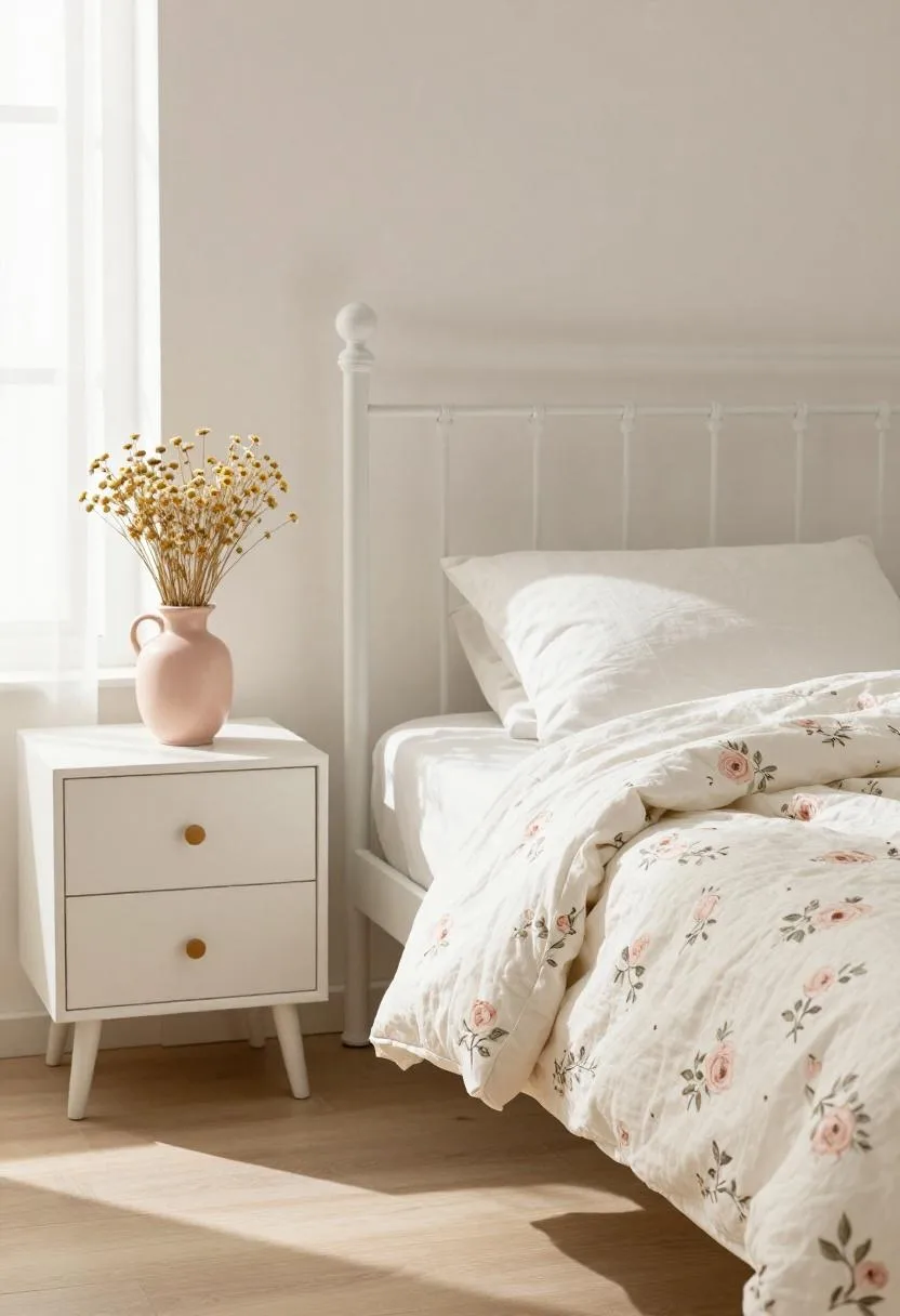 White iron canopy bed dressed with rose-print floral quilt and dried chamomile bundle in soft morning light