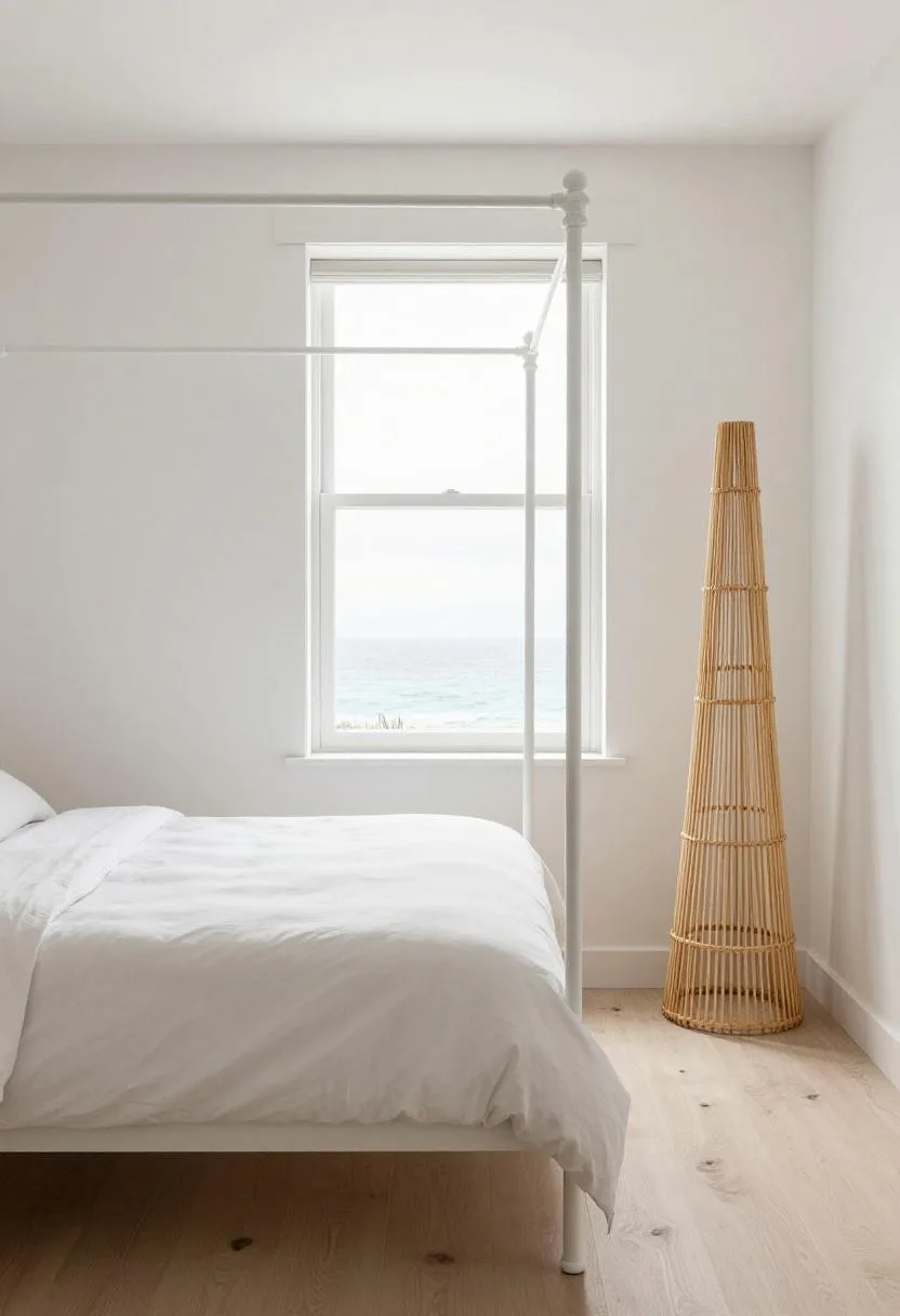 White iron canopy bed frame with seafoam cotton bedding in a bright sunlit coastal bedroom