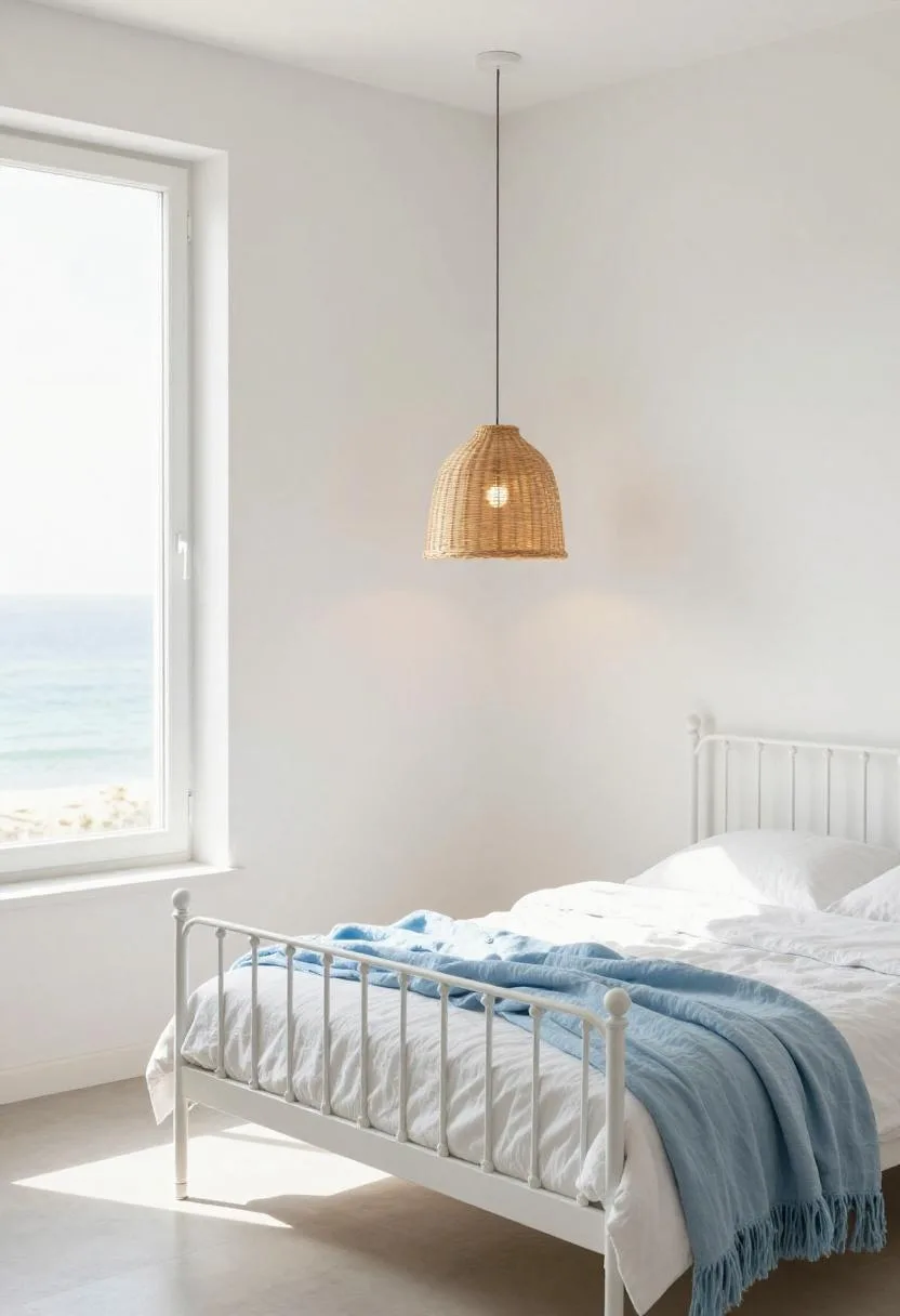 White iron daybed with soft blue cotton blanket under a rattan pendant light in afternoon brightness