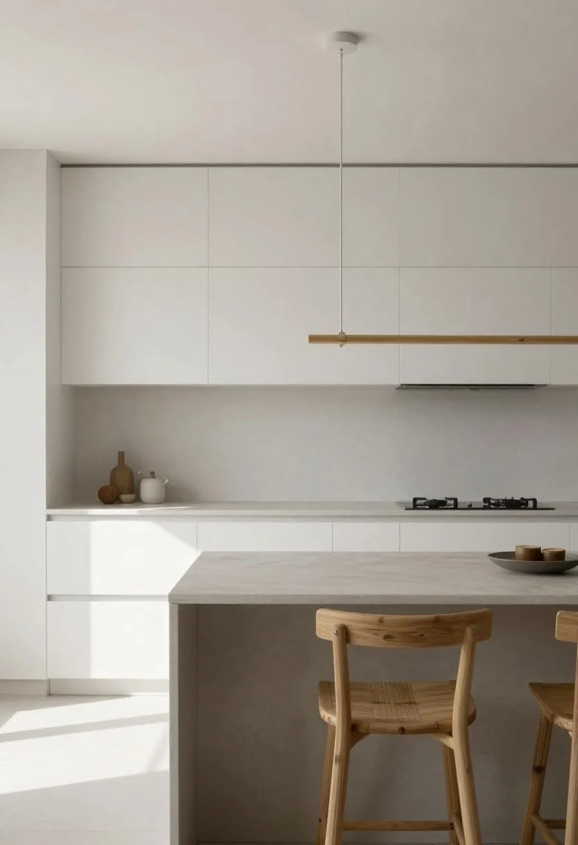 White Japandi kitchen with woven bamboo pendant lamp and minimalist ash counter seating