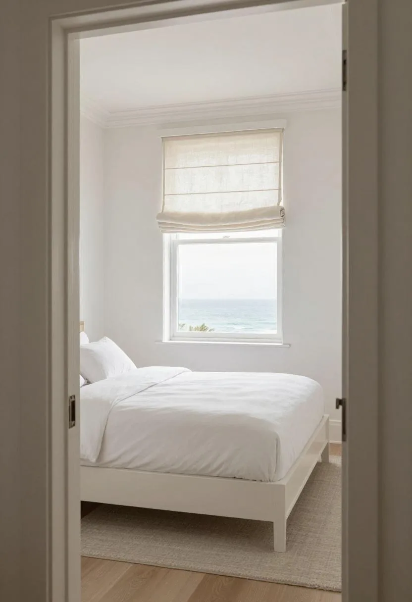 White lacquer coastal platform bed with linen Roman shade filtering even daylight