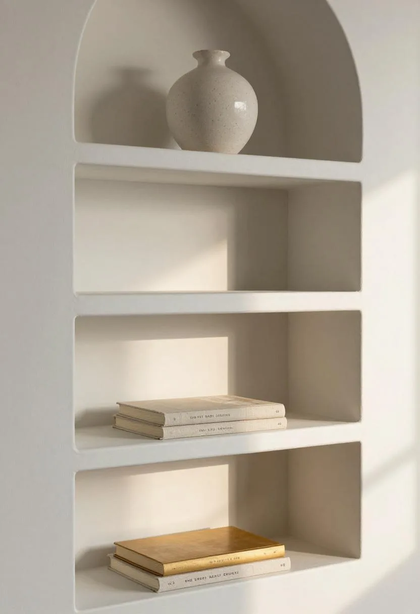 White lacquer floating display shelves in a slim under-stair niche holding a ceramic vase and stacked linen-wrapped books
