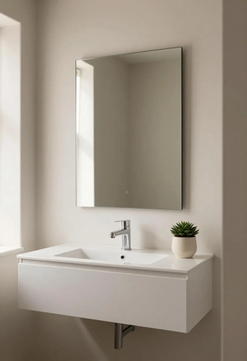White lacquer floating vanity with a clean rectangular mirror above and a single small succulent on the counter in morning light