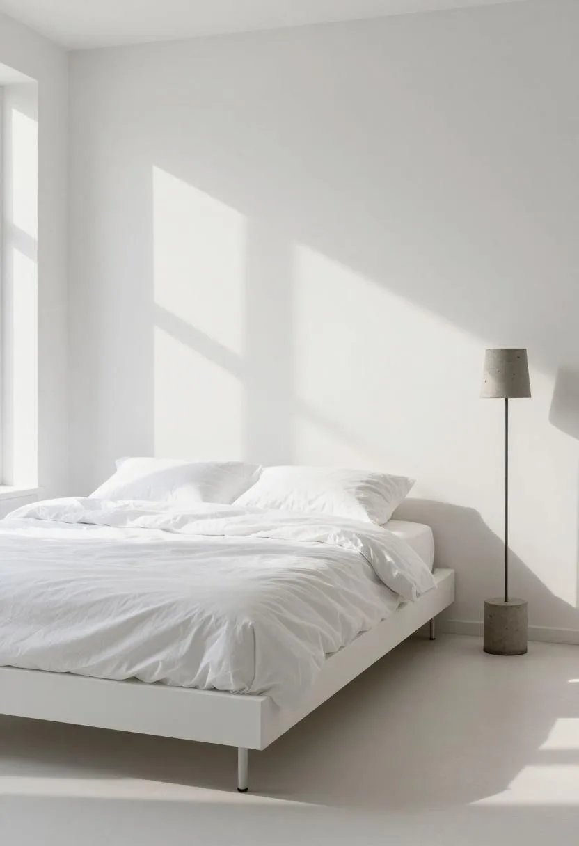 White lacquered platform bed with a concrete floor lamp in pure minimalist morning light