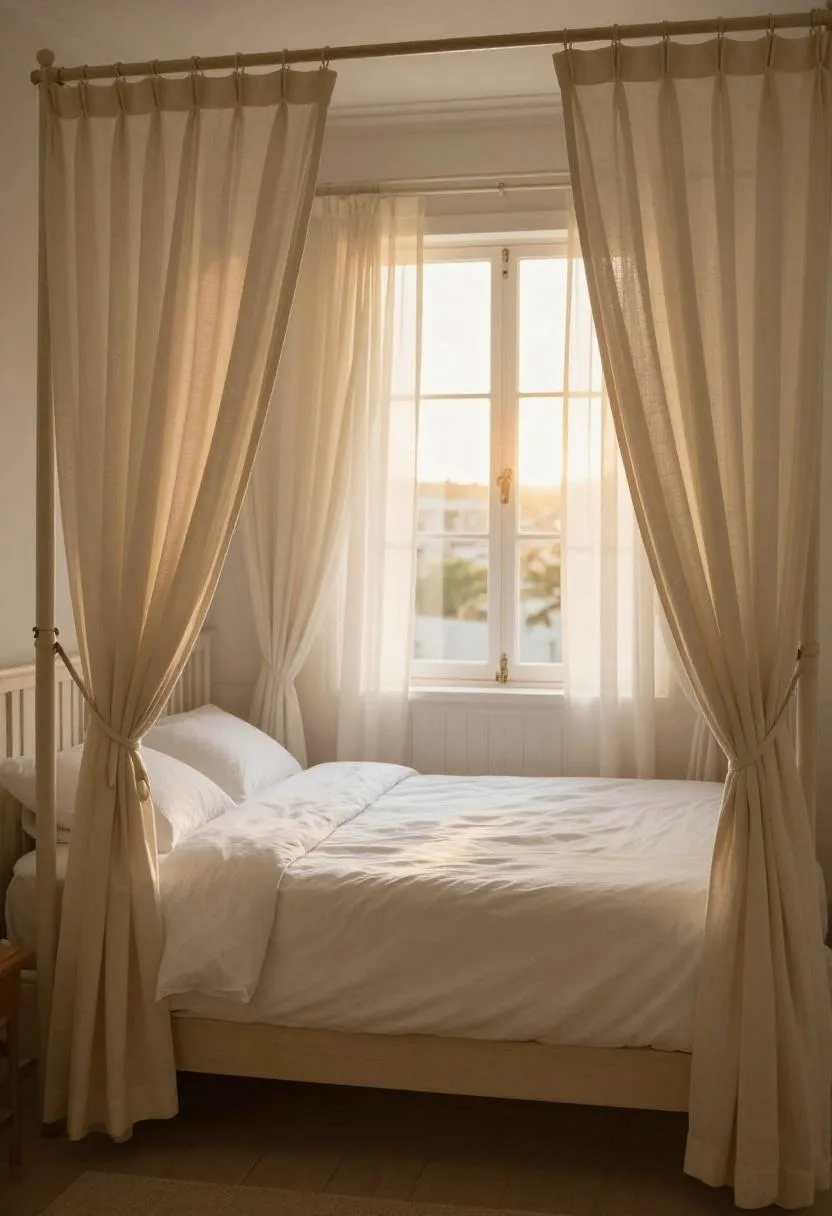 White linen canopy bed with loose cream curtain panels against a tongue-and-groove shiplap wall at golden hour