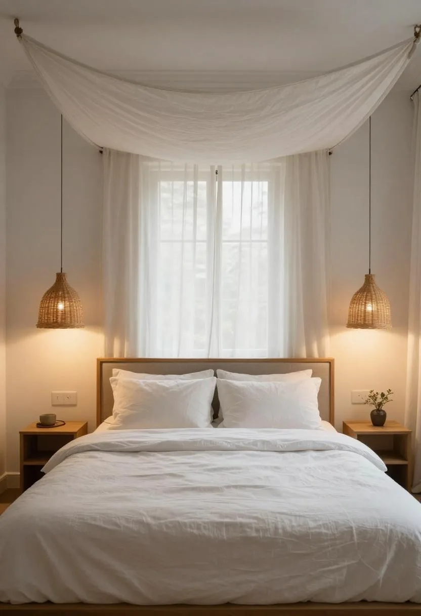 Soft white linen canopy bed with symmetrical rattan pendants in warm evening light