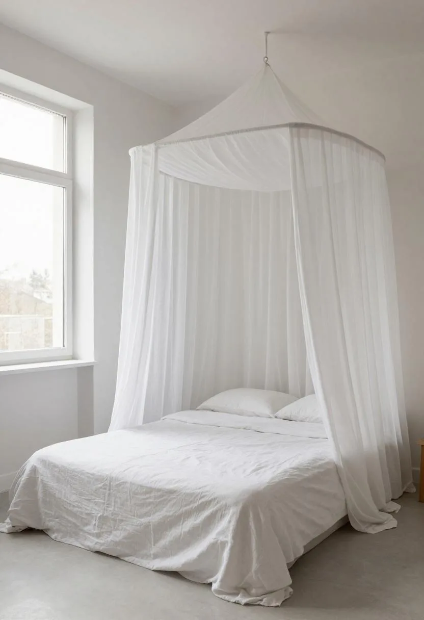 White linen canopy bed with sheer cotton panels diffusing soft overcast daylight