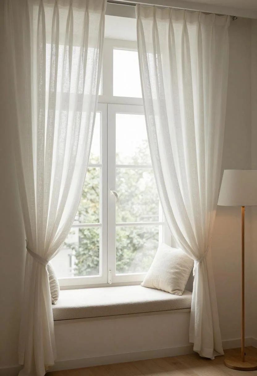 Soft white linen curtains and cream bouclé window bench with oak floor lamp in natural light