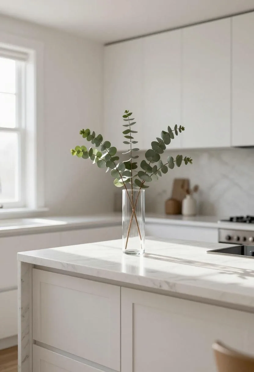 White marble kitchen island with a single glass vase of eucalyptus as the only styling element