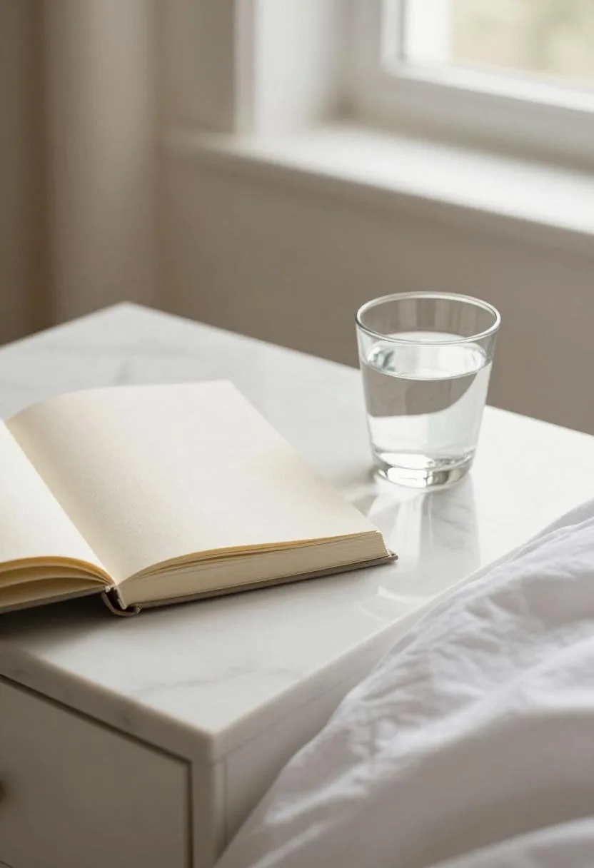 White marble nightstand with cream linen journal and glass of water in clean morning light