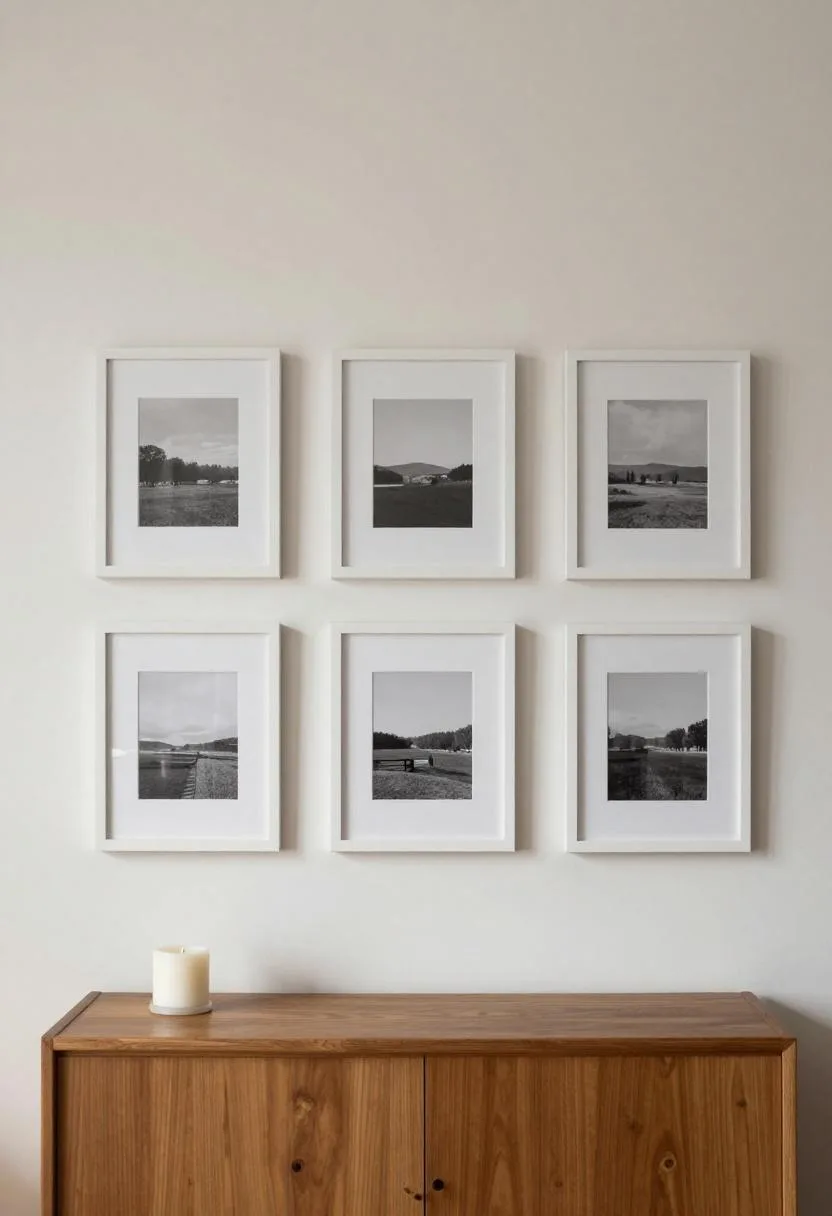 White-matted grid gallery wall above a walnut credenza in diffused light