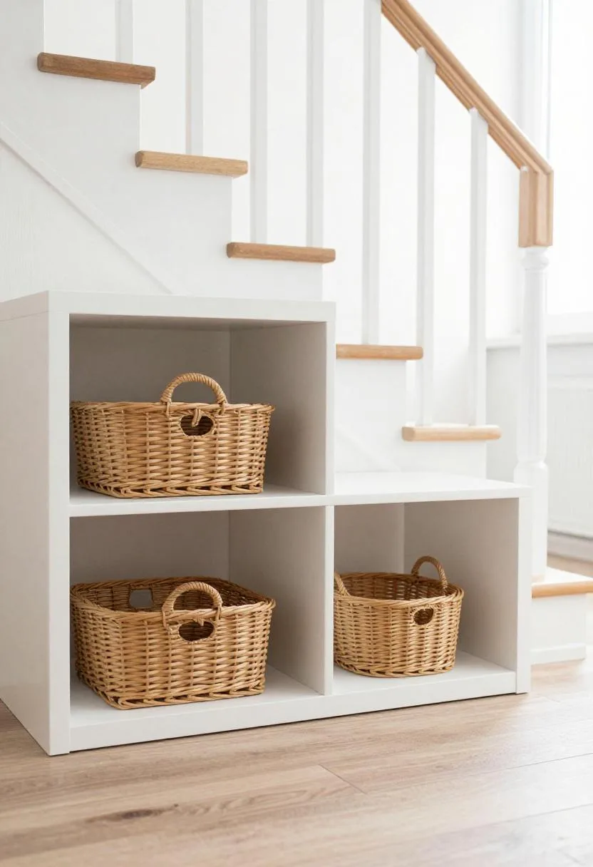 White MDF cubbies with wicker baskets slotted into the open space beneath open-riser stairs forming a graphic grid