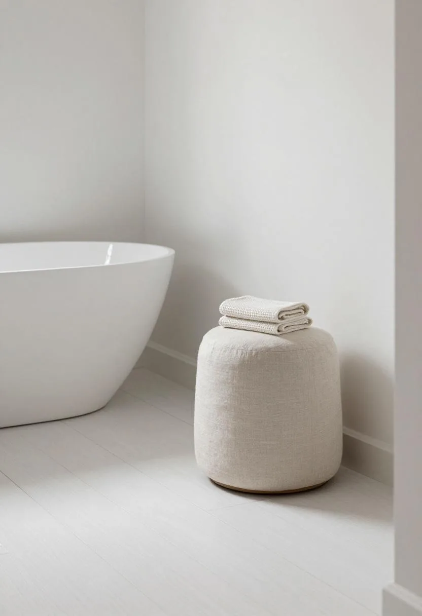 White oak bathroom with a low linen stool and a folded waffle-weave towel resting on it in diffused natural daylight