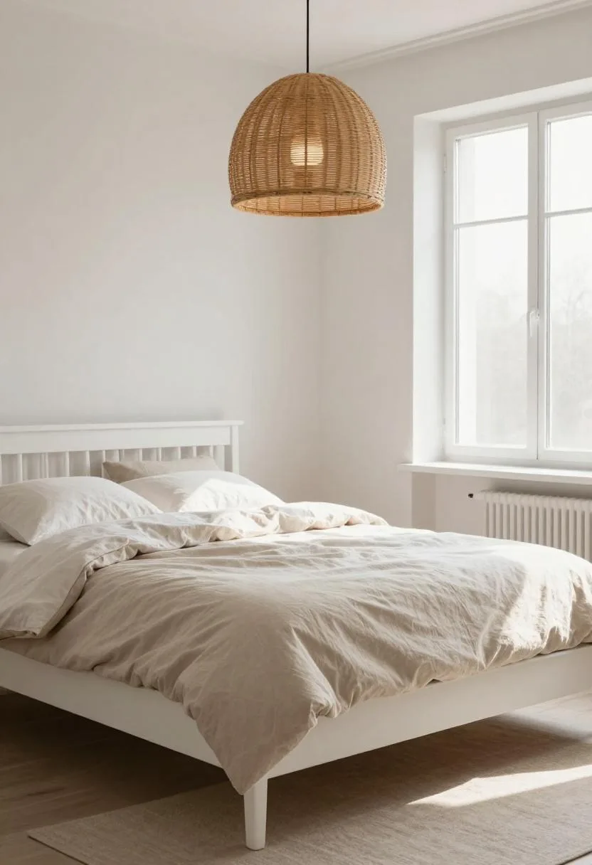 White oak bed frame with beige wool bedding under a hanging rattan pendant lamp