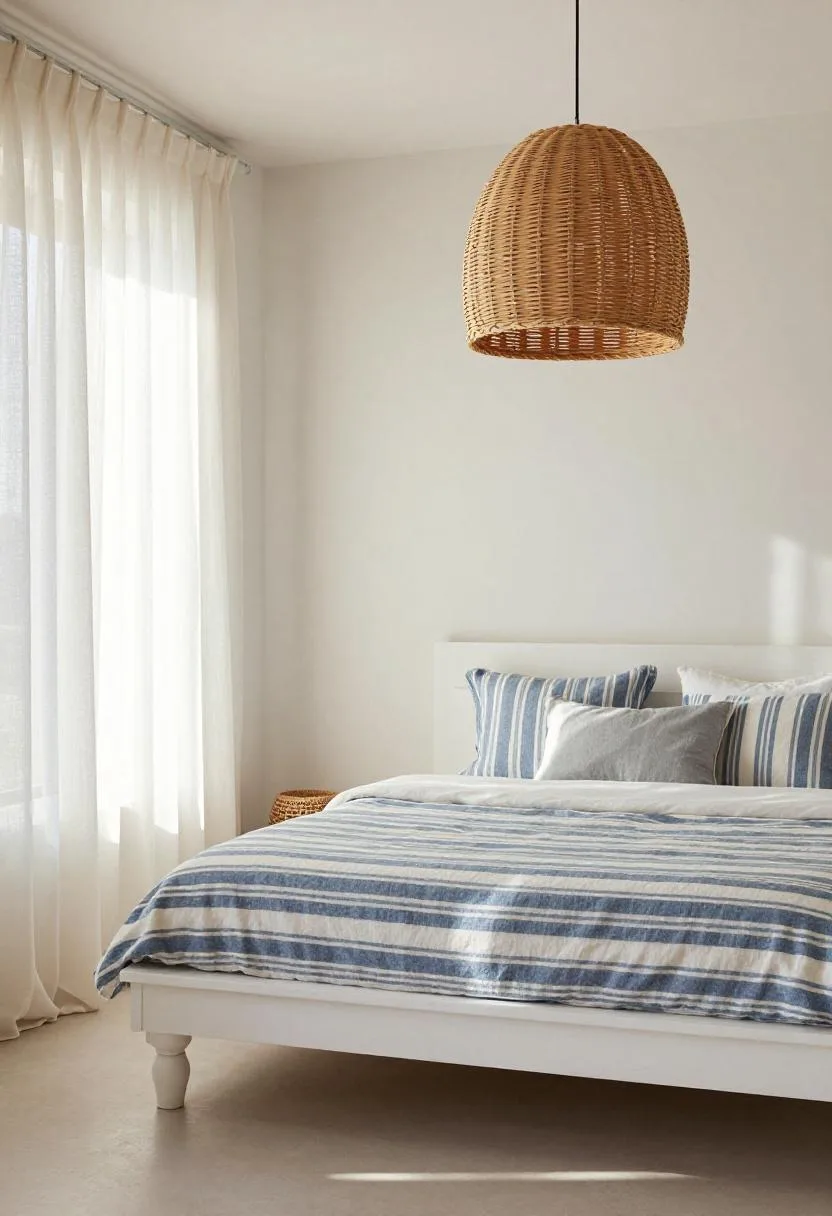 White oak platform bed dressed in coastal blue striped linen under a wicker pendant lamp in bright morning light