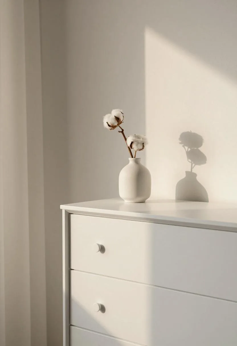 White oak dresser holding a ceramic vase with a single dried cotton stem in clear morning light