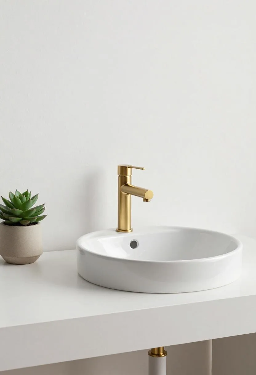 White oak floating vanity with gold faucet and small succulent in a sand ceramic pot