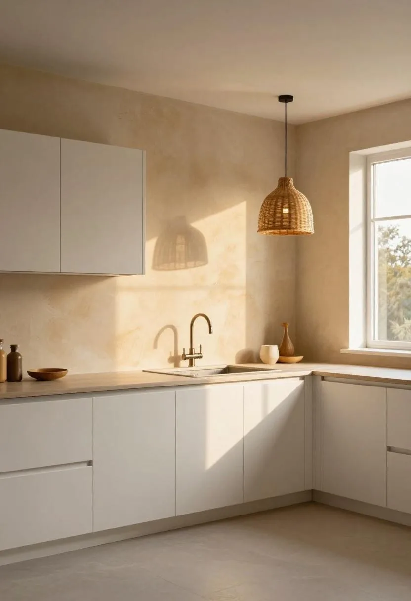 Modern white oak kitchen with warm cream limewash textured walls and a hanging natural rattan pendant