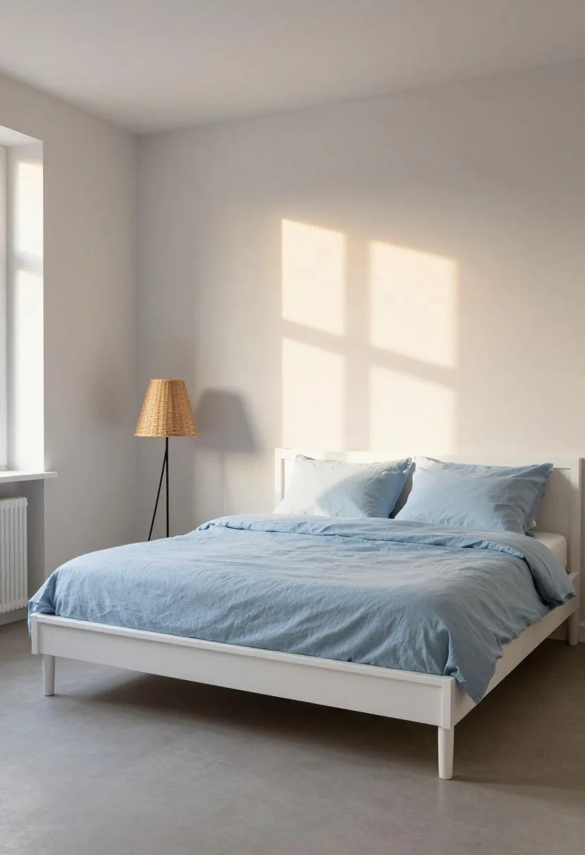 White oak platform bed dressed in powder blue linen beside a rattan floor lamp glowing in afternoon light