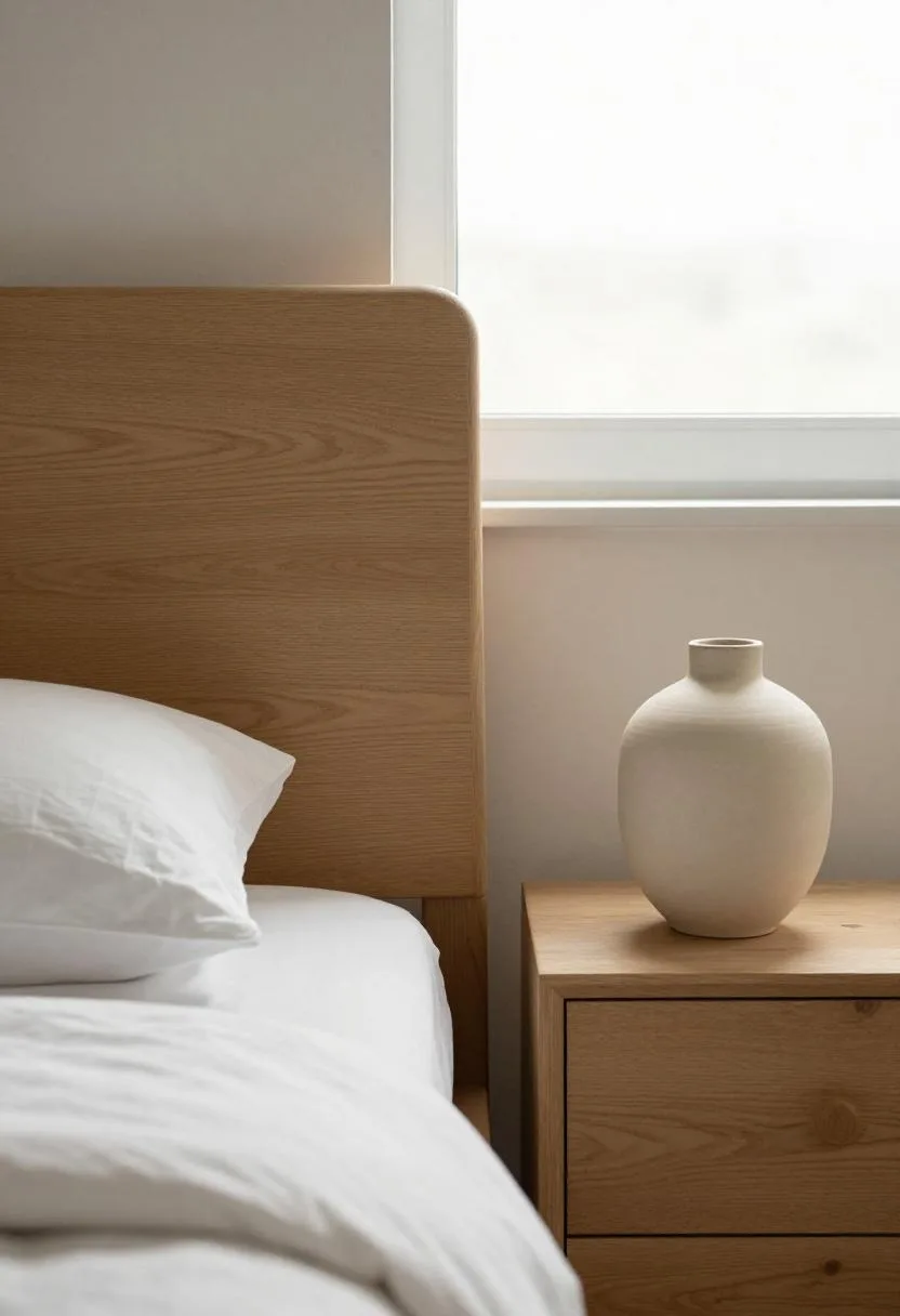 White oak platform bed headboard with cream ceramic detail in soft natural daylight