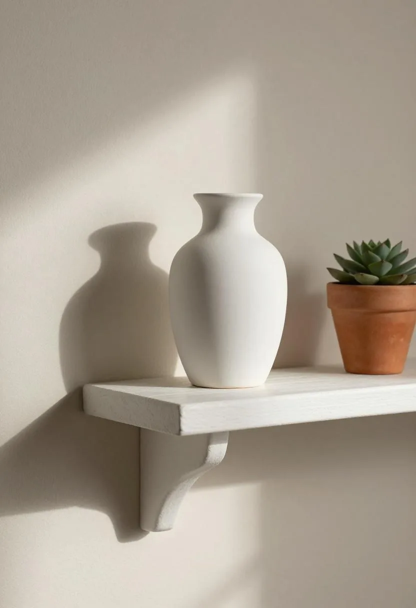 White oak shelf with ceramic vase and succulent in morning light