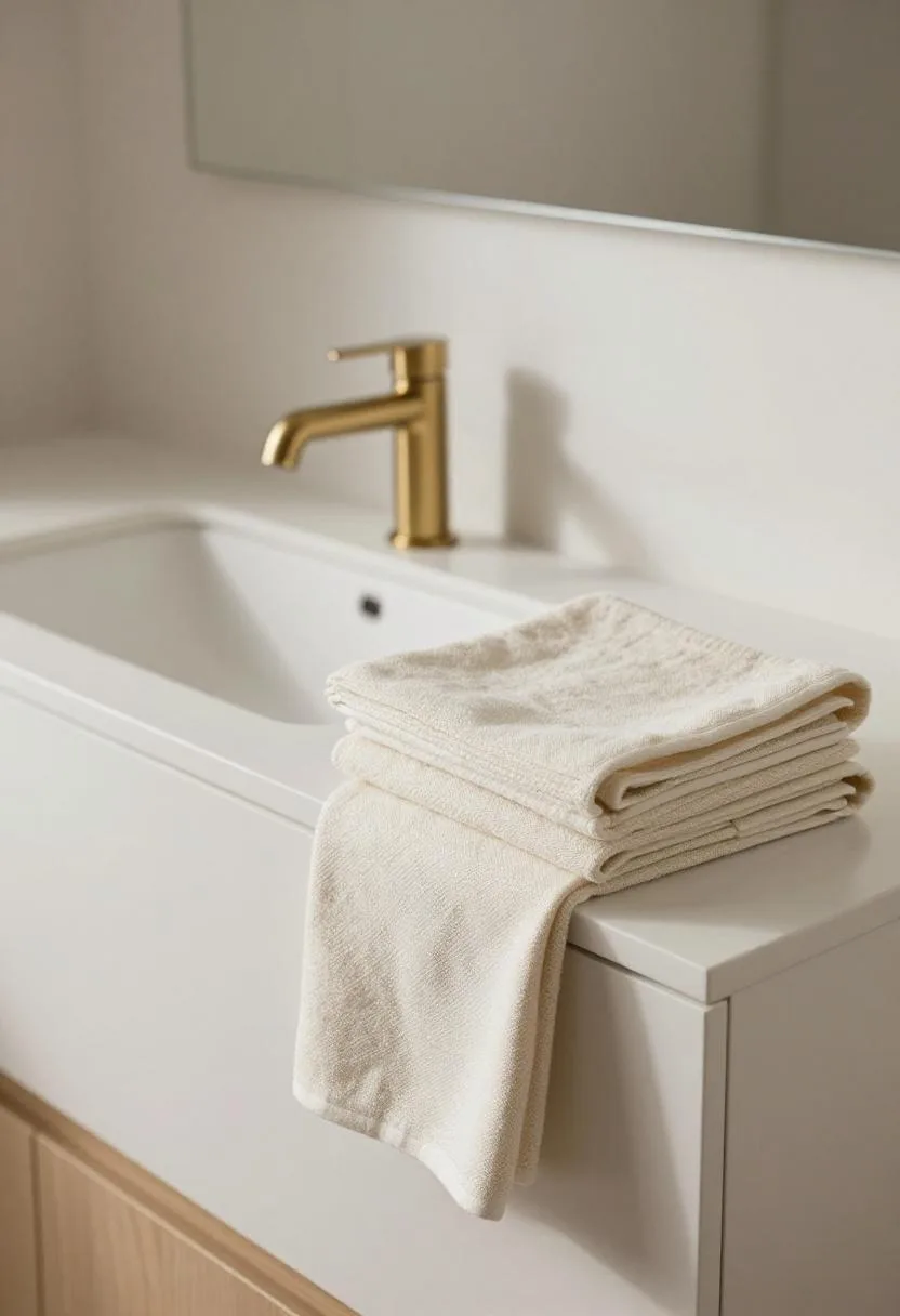 White oak vanity with stacked cream linen towels and brushed-brass faucet in morning light