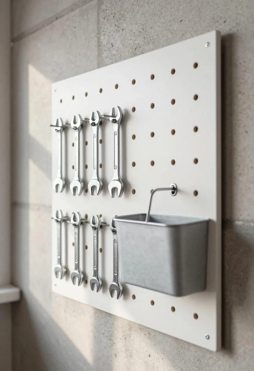 Interior design - white pegboard wall steel tools metal parts bin