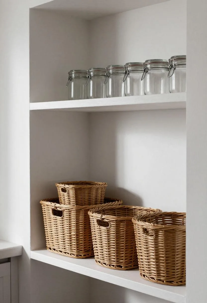 White plaster pantry alcove with wicker storage baskets and uniform glass jars on painted shelves