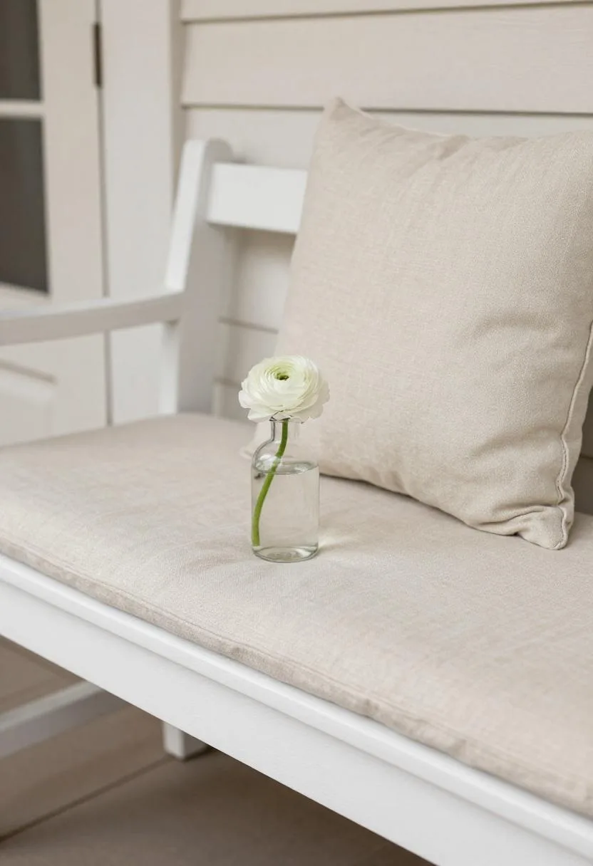 White porch bench with a cream linen cushion and a single ranunculus bloom in a glass vessel beside it