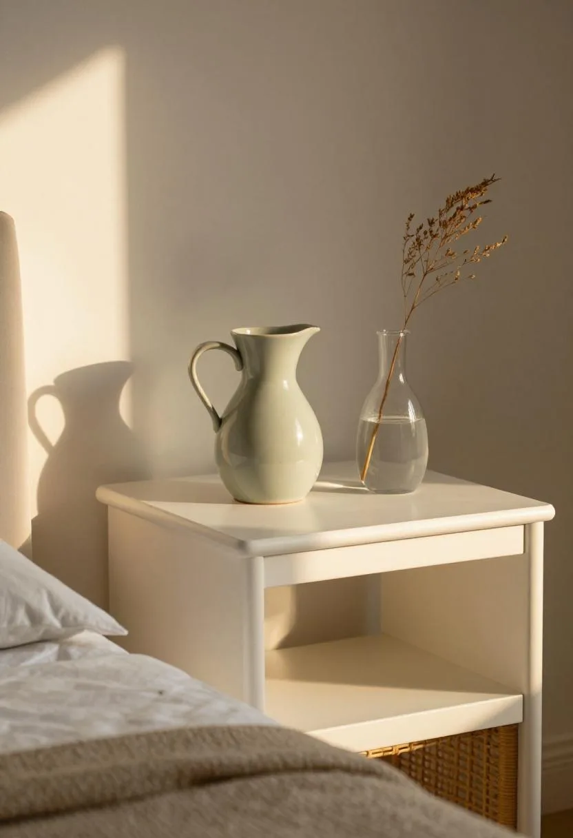 White rattan nightstand with a sage ceramic water carafe in soft coastal morning bedroom light