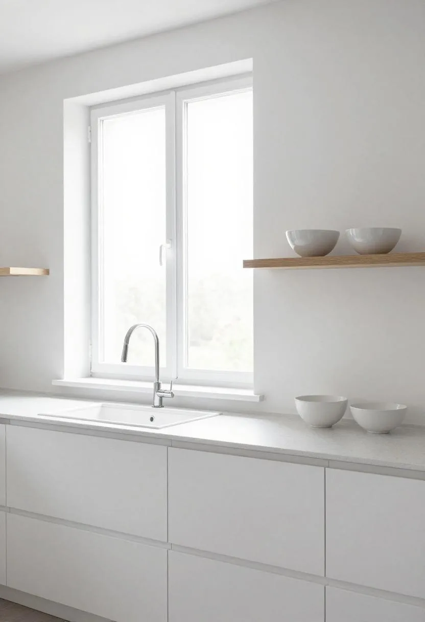 Interior design - white scandinavian kitchen oak shelf ceramic bowls