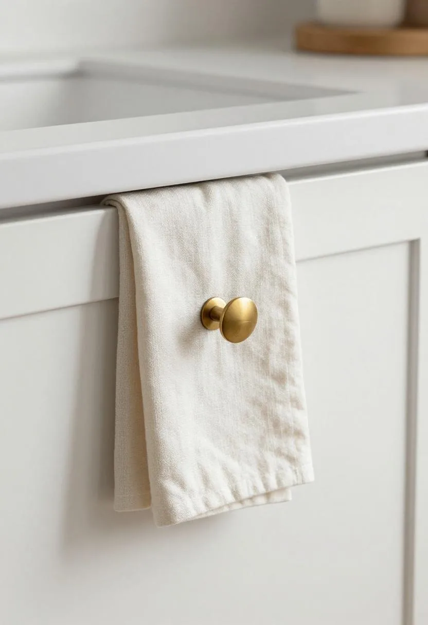 White shaker cabinet with honey-brass cup pull and neatly folded linen dish towel accent