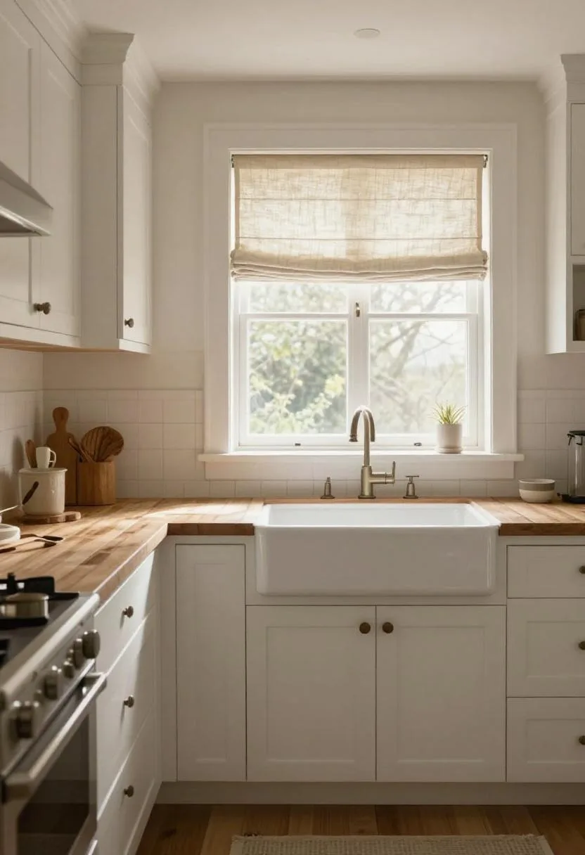 Interior design - white shaker farmhouse kitchen butcher block ivory linen