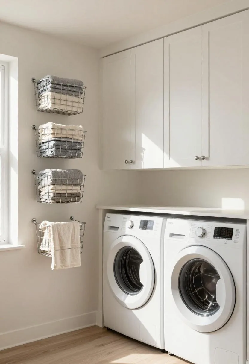Bright white shaker laundry room with chrome wire baskets and front-load appliances