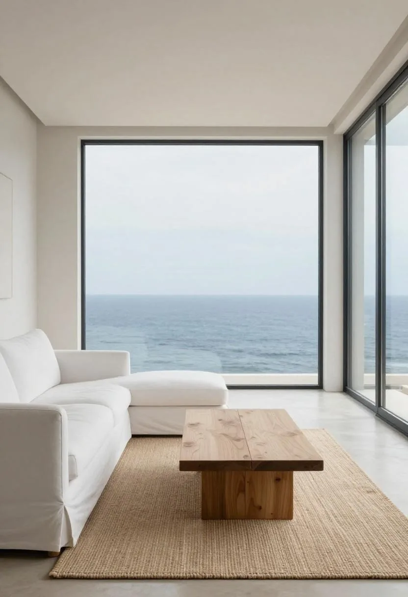 White slipcover sofa and bleached oak coffee table in a minimal coastal room under soft overcast light